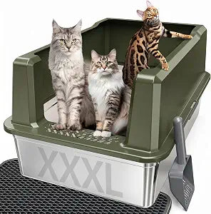 XXL Stainless Steel Cat Litter Box with Lid, 26" L x 18" W x 12" H Metal Litter Box with Hight Sides for Big Cats & Multiple Cats, Never Absorbs Odors, Anti-Urine Leakage, Easy Cleanin(Green)