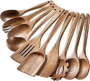 HSM Wooden Spoons for Cooking  10-Piece Wooden Utensil Set, Non-Stick Safe, Easy-to-Clean Natural Acacia Wood Kitchen Utensils, Ideal for Cooking, Stirring, and Serving at Home