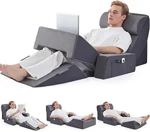 9PCS Wedge Pillow Set for After Surgery Recovery, Adjustable Memory Foam Neck Pillow,Foam Leg Pillow,Relieves Neck,Leg Pain,Sleep Apnea,Reading Pillow with Breathable Seersucker,Dark Grey