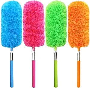 4 Pcs Washable Microfiber Feather Duster, with Extendable Pole and Bendable Head, Microfibre Cleaning Tool for Cleaning Office, Car, Computer, Furniture, Sofa, Blue,green,orange,red