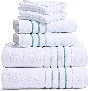 Bath Towel Set_White Towel For Bathroom, Luxury Hotel &Spa Quality, 100% Cotton .Includes 2 Large Bath Towels, 2 Hand Towels and 2 Washcloths.Super Soft, Absorbent & Decorative (White/Green Aqua)