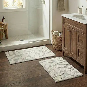 2 Piece Bathroom Rug Set - 35x22 Inch and 25x18 Inch 100% Cotton Bath Mats with Textured Botanical Leaf Print for Boho Bathroom Decor - Bath Rugs Non Slip Washable Bathmats by Lavish Home (Grey)