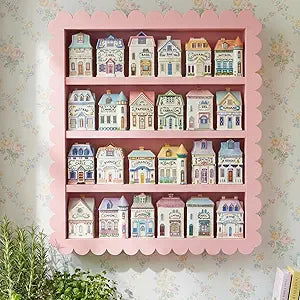 Chunful Spice Jar Wooden Rack Pink Sweet Scalloped Spice Shelf for 24 Jars, Village Style Wall Mounting Kitchen Storage Decorative Hanging Display Rack, Shelf Only