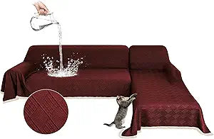 Waterproof L Shaped Sectional Couch Covers Blanket 2 Piece Sectional Sofa Cover Washable L Shape Sofa Slipcover Jacquard Quilted Furniture Protector for Dogs Pets Cats (XX-Large, Wine Red)