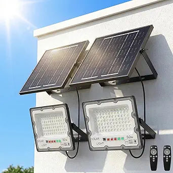2-Pack 50W Solar Flood Light Outdoor Waterproof, 15000LM 6500K LED Street Light with Remote, Dusk to Dawn Solar-Powered Light, Split Type Security Light with 13FT Cable for Parking Lot Yard Garage