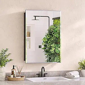 Medicine Cabinet with Mirror, 20 x 26 Frameless Beveled Bathroom Mirror with Storage, Aluminum Recessed or Wall Mount Medicine Cabinet, 6 Adjustable Shelves for Tall Bottles, DTC Soft Close
