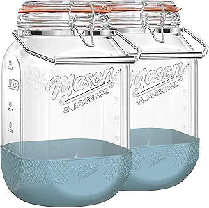 2 Pack Square 1 Gallon Glass Jar with Airtight Lid, Large Mason Jars Wide Mouth 128 Oz with Scale Marks & Handle, Glass Storage Containers with Anti-slip Base for Kitchen, Pantry, Laundry Room, Flour