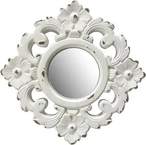 Handcarved Floral Wall Mirror Decoration, 11.8-inch Worn-Out White Country Wood Mirror, Used for Room Decoration, Home Decoration, Bedroom, Living Room, Bathroom, Kitchen