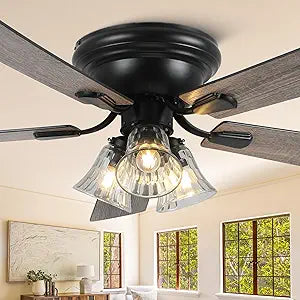 52 Inch Flush Mount Farmhouse Ceiling Fans with Lights and Remote Control, 5 Reversible Blades Vintage Low Profile Ceiling Fan with 3-Light 6 Speeds for Living Room Bedroom Kitchen