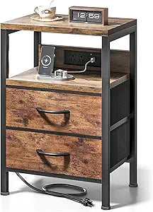 Lazzanto NightStand Bedside Charging Table Bedroom - Brown Night Stand with Charger Station, Modern Bed Side End Table with Open Shelf & 2 Fabric Drawers, USB-C Port for Dorm, Living Room