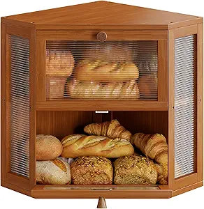 WOWLIVE Corner Bread Box for Kitchen Countertop, Double Layer Bamboo Bread Storage Container, Large Farmhouse Bread box with Acrylic Wavy Door Panel, Under Cabinet Organizer (Caramel, Medium)