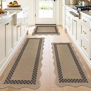 U'Artlines Non-Slip Scalloped Kitchen Rugs Set 3 PCS, 20"x32"+ 20"x48"+20"x59" Washable Low Profile Easy Jute Kitchen Floor Mats Runner Set for Sink Hallway Entryway Laundry Decor(Checked)