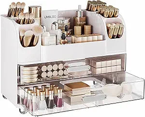 Delamu Large Makeup Organizer Countertop with 6 Brush Holders, Makeup Organizers for Vanity with 2 Large Drawers, Easy to Store Skincare, Lipsticks, Nail Polishes, Perfumes, Eyeshadow Palettes, White