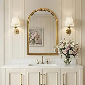 Vintage Gold Arched Bow Mirror - 24"x39" Large Wall Mirror with Ribbon & Beaded Metal Frame- Elegant French Decor Wall Mirror for Bedroom Dresser, Entryway, Living Room
