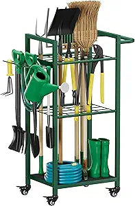 Garden Tool Organizer with Wheels, Heavy Duty 3 Tier Metal Yard Tool Storage Rack Holder with Side Hooks, Freestanding Garage Organizer for Shovels, Rakes, Brooms, Indoor Outdoor Use, Green