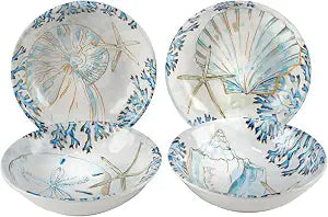 Playa Shells Coastal Ceramic Soup and Cereal Bowls  Set of 4 40 oz Large Bowls for Pasta, Salads, Pho, Ramen, Chowder, Rice, Fruit, Meal Prep, or Everyday Coastal Kitchen Dining