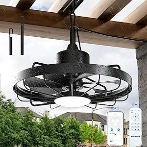 Niitawm 20 Outdoor Ceiling Fan with Light, Waterproof Smart Caged Ceiling Fan with Remote & APP Control, 3CCT Reversible Dimmable LED Hanging Fan with 7 Blades for Patio, Gazebo, Pergola, Porch