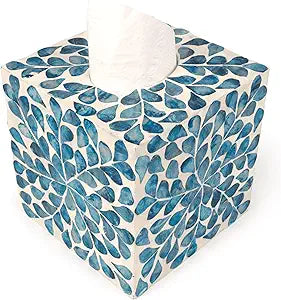 Tissue Box Cover - Mosaic Mother of Pearl Inlay Tissue Box Holder- Tissue Box Cover Square 5.9 x 5.9 x 5.9 in - Decorative Bathroom, Bedroom or Office (Blue)