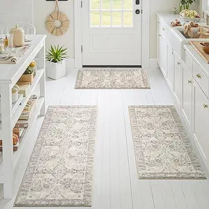 GRANNY SAYS Boho Kitchen Rug Sets of 3, Non Slip Washable Faux Wool Kitchen Mats for Floor, Thick Soft Anti-Fatigue Comfort Standing Mat Runner Rugs for Hallway Laundry Room, Beige