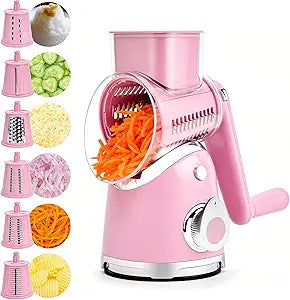 SUSTEAS Rotary Cheese Grater with Handle,Vegetable Slicer with 6 Interchangeable Blades, Reinforced Suction,Easy to Clean,Kitchen Shredder for Crushed Ice,Fruits and Nuts with Blade Storage Case,Pink