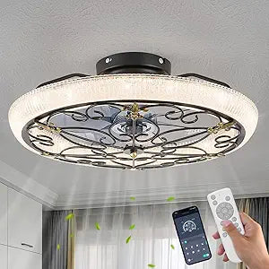 Black Caged Ceiling Fan with Lights Remote Control, 6 Speeds Rustic Industrial Ceiling Fan Light with Crystal Sand Lampshade for Kitchen Bedroom Living Room