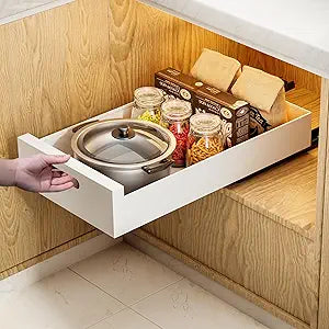 HBL' 1 Pack | 21" Deep Pull Out Cabinet Organizer Adhesive, 10-Inch Wide Sturdy Carbon Steel Roll-Out Drawers, Designed for Frameless Cabinets, Slide-Out Shelves for Pantry.