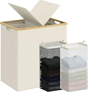 efluky Laundry Hamper with Lid, Double Laundry Basket with 2 Removable Bags, 2 Section Laundry Bin with Bamboo Handles for Bathroom, Bedroom & Laundry Room, 140L (36.9 Gallon) Beige