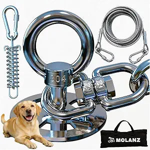 Heavy Duty Dog Tie Out Stake with Shock Absorbing Spring, 20ft Cable, 304 Stainless Steel Anchor, 2x360 No Tangle Swivel for Large Medium Small Dogs, Yard & Camping (Stake/20ft Cable/250lbs)