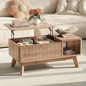 Wood Lift Top Coffee Table with Hidden Compartment and Large Storage Shelf, Lift Tabletop Dining Center Table for Home Living Room Office, Natural