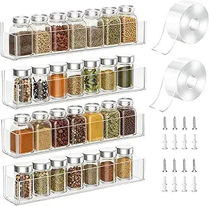 PMMASTO Adhesive Acrylic Spice Rack Organizer for Wall with 2 Nano Double Sided Tape, Spice Shelf Organization for Kitchen Cabinet Door/Pantry Door, Wall Mount Seasoning Rack (Clear-4 Pack)