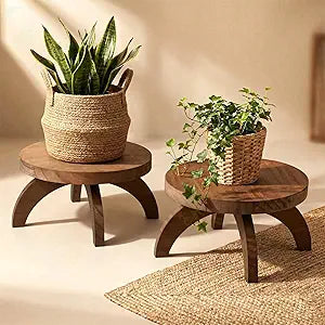Novabright 2 Pcs Short Plant Pedestal Wood Plant Stool Round Low Wood Riser Pedestal Display Decor Flower Indoor Outdoor Rustic Farmhouse Table Balcony Decor Board Flower Holder Rise (Rustic Color)