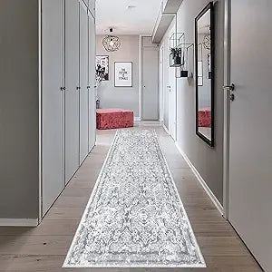 Vaukki Hallway Runner Rug, Vintage Shaggy Soft Laundry Rug Runner, Non Slip Entryway Runner Mat, Washable Farmhouse Kitchen Area Carpet for Bathroom, Entryway and Bedroom (2'6'' X 8', Grey)