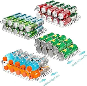 4 Packs Refrigerator Organizers and Storage Width Adjustable Can Organizer for Refrigerator Expandable Soda Can Dispenser for Beer Soda Pop Can Soda Organizer for Fridge Kitchen Pantry Clear