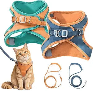 2PC Cat Harness and Leash, Cat Harness Escape Proof, Soft Adjustable Cat Leash Breathable Comfortable Vest Easy to Wear, Easy Walk Leash for Indoor Outdoor (Green+Blue, L)