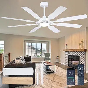 FUMLTP 62 Inch Large Ceiling Fans with Lights and Remote Control, 8 Double-Sided Blades with 6-Speed Reversible DC Motor and Quiet & Timing Function, White Ceiling Fan for Indoor & Outdoor Use