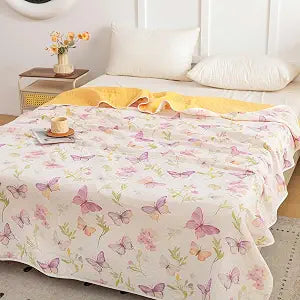 MEJU Butterfly Flower Dreamy Aesthetic Lanvender Purple Pink Muslin All Season Blanket for Bed Sofa Couch,100% Combed Cotton Soft Warm Quick Dry Throw Blanket Bed Cover Sheet Twin 60 in x 80 in