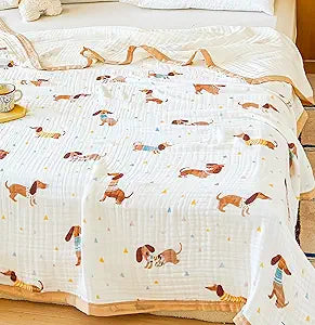 J-pinno Puppy Dogs Dachshund Muslin Blanket 100% Cotton 6 Layer Quilt Bed Blanket Soft Warm Throw Sofa Couch Toddler Kids Boys Girls Cartoon Travel Cover Sheet (Puppy, Twin 58" X 80")