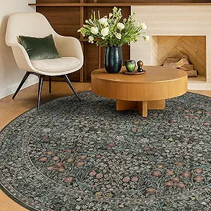 Washable Round Area Rug for Living Room, Soft Round Rugs 6ft Non Slip with Rubber Backing, Vintage Large Circle Carpet for Bedroom Kitchen Nursery, Dark Green Floral Dcor
