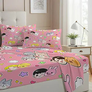 Allenjoy Cute Korean Music Pink Sheets Set with Fitted Sheet, Flat Sheet and 1 Pillowcase for Women Teens Daughter Fans Girls Bedding Bedroom Nursery Room Decor, Machine Washable Durable, Twin Size