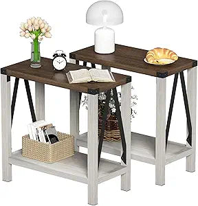 ChooChoo Farmhouse End Table Set of 2, Narrow Side End Table with Storage Shelf, Rustic A-Design Nightstand Sofa Table for Living Room, Bedroom(White&Brown)