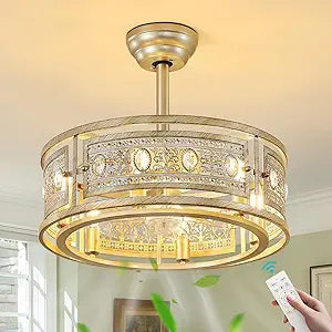 KAISITE Farmhouse Fandelier Ceiling Fan with Lights 19 Inch Gold Rustic Vintage Crystal Ceiling Fan Antique Fandelier Semi Flush Mount Bladeless Chandelier Fan for Bedroom Living Room Dining Room