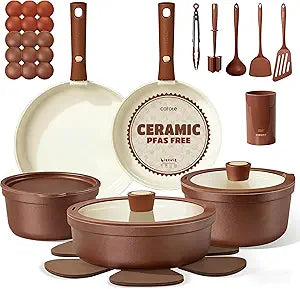 CAROTE 22Pcs Ceramic Cookware Set, Pots and Pans Set Non Stick Removable Handles, Non Toxic Cookware Oven/Dishwasher Safe, Induction Cookware, Gift Set, NonStick Cookware Set with Kitchen Essentials