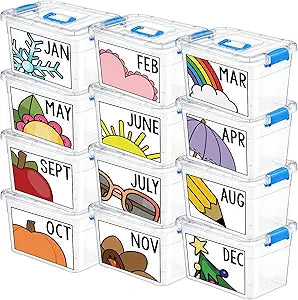 Wesiti 12 Pcs Monthly Classroom Storage Bins, 14 Qt Teacher Must Have Book Boxes with Monthly Stickers Labels, Back to School Classroom Treasure Boxes Organization Container, 12.6 x 8.66 x 7.48 Inches