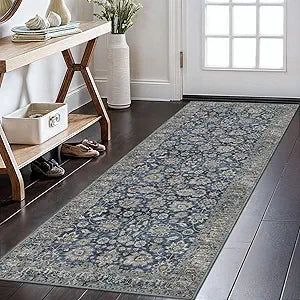 KOZYFLY Runners for Hallways 2x6 Blue Washable Runner Rug Non-Slip Soft Kitchen Runner Rugs, Printed Floral Traditional Carpet Runner for Entryway Bathroom Laundry Bedroom Foyer