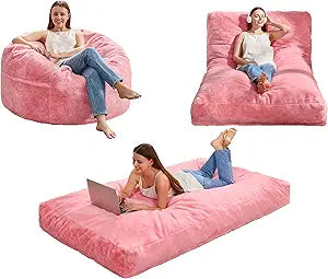 Hobestluk Bean Bag Chair Convertible Beanbag Chairs for Adults, 3 in 1 Bean Bag with Plush Faux Fur Cover, Adult Bean Bag Chair for Living Room, Bedroom (Pink, Twin)