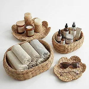 Boho Rattan Basket Set of 2, Scalloped Wicker Storage Baskets with Lids, Handwoven Woven Storage Basket Decorative Basket, Vintage Picnic Basket, Wicker Bread Basket, Natural Decorative Storage