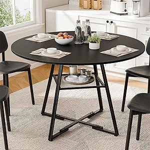 DUMOS 47" Round Dining Table for 4-6, Space Saving Kitchen Table with Dual-Tier Storage, Pedestal Metal Frame, Industrial Farmhouse Circle Dinner Table for Apartment, Black