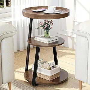 Round Side Table, 3-Tier Tray Top End Table with Storage Shelf, Ultra Stable Coffee End Table/Nightstand, Modern Farmhouse Couch Table for Living Room, Bedroom, Bedside Stand or Small Spaces, Walnut