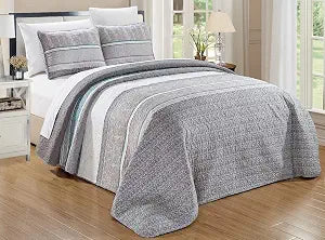 2-Piece Fine Printed Oversized Quilt Set - Reversible Twin/Twin XL Bedspread Coverlet with Matching Sham - Lightweight Soft Stripe Bedding Cover for All-Season Comfort (Grey, Teal Blue, White)