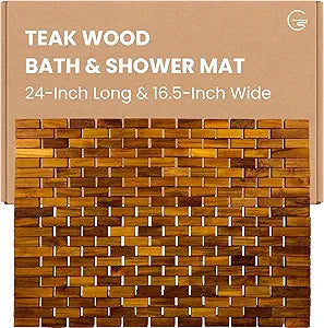 Teak Bath Mat & Shower Mat (24" x 16.5") | Wooden Flooring for Bathtub & Bathroom | Foldable & Non Slip Wood Bathmat